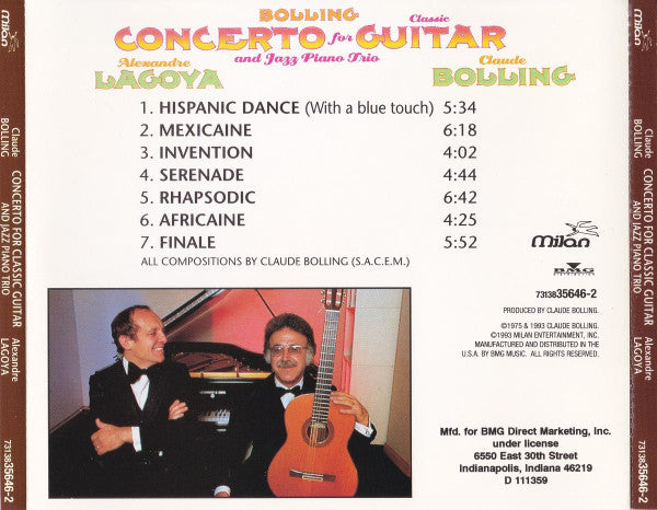 Claude Bolling / Alexandre Lagoya : Concerto For Classic Guitar And Jazz Piano Trio (CD, Album, Club)