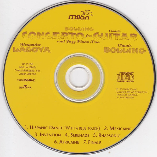 Claude Bolling / Alexandre Lagoya : Concerto For Classic Guitar And Jazz Piano Trio (CD, Album, Club)