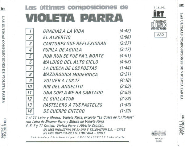 Violeta Parra : Las Ultimas Composiciones de Violeta Parra (CD, Album, Mono)