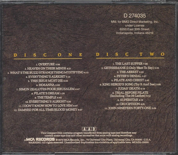 Andrew Lloyd Webber, Tim Rice : Jesus Christ Superstar - "A Rock Opera" (2xCD, Album, Club)
