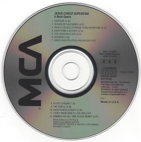 Andrew Lloyd Webber, Tim Rice : Jesus Christ Superstar - "A Rock Opera" (2xCD, Album, Club)