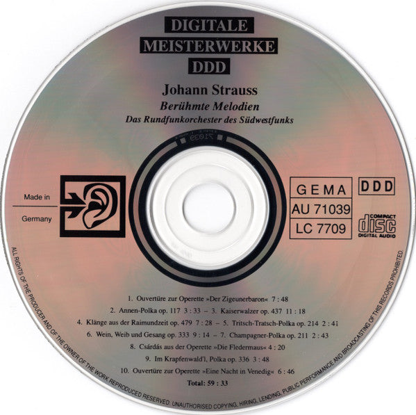 Johann Strauss Jr., Rundfunkorchester Des Südwestfunks, Klaus Arp : Famous Melodies (CD, Album)