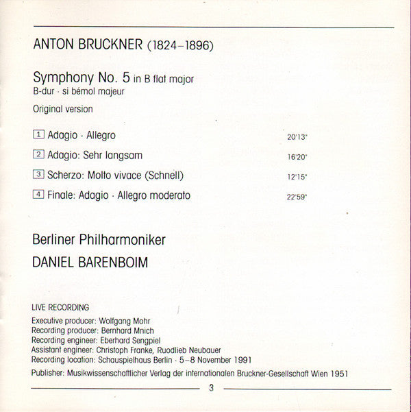 Anton Bruckner — Berliner Philharmoniker, Daniel Barenboim - Symphony No. 5 (CD) (VG) - Endless Media