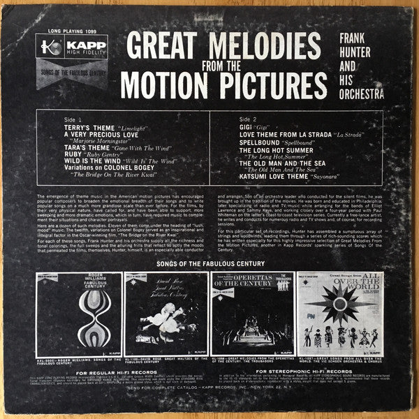 Frank Hunter And His Orchestra : Great Melodies From The Motion Pictures (LP)