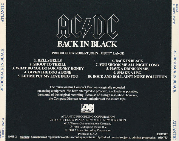 AC/DC : Back In Black (CD, Album, RE)