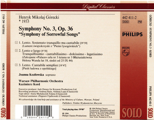 Henryk Górecki, Joanna Kozłowska, Orkiestra Symfoniczna Filharmonii Narodowej, Kazimierz Kord : Symphony No. 3 (CD)