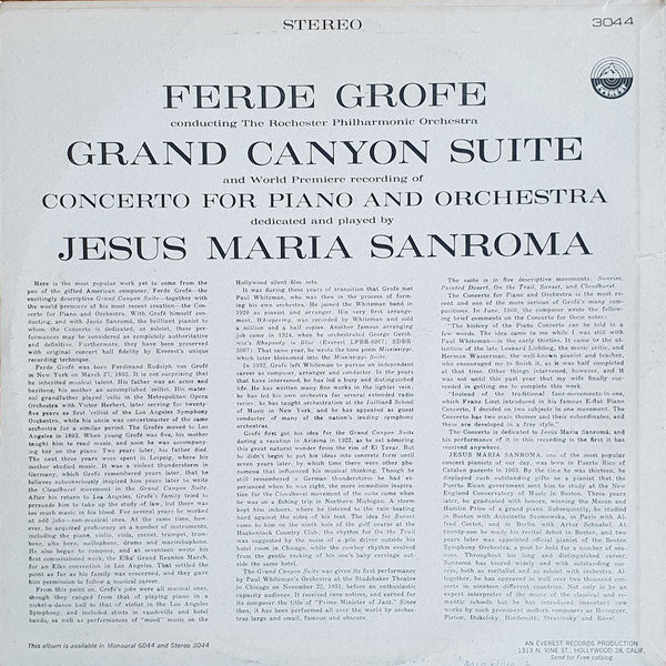 Ferde Grofé, Rochester Philharmonic Orchestra, Jesus Maria Sanroma - Grand Canyon Suite (LP) (VG+) - Endless Media