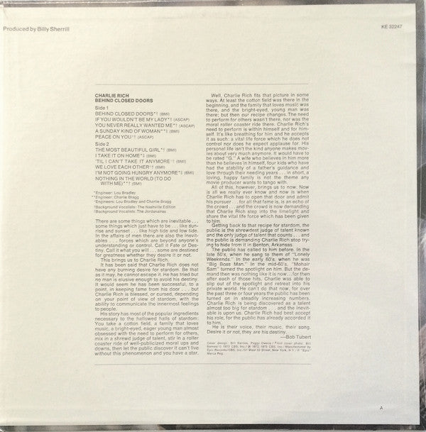 Charlie Rich : Behind Closed Doors (LP, Album, Ter)