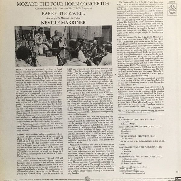 Wolfgang Amadeus Mozart - Barry Tuckwell, The Academy Of St. Martin-in-the-Fields, Sir Neville Marriner - The Four Horn Concertos / Concert Rondo,K.371 / Fragment Of Concerto,K.494A (LP) (VG) - Endless Media