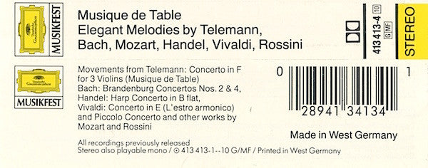 Georg Philipp Telemann, Johann Sebastian Bach, Wolfgang Amadeus Mozart, Georg Friedrich Händel, Antonio Vivaldi, Gioacchino Rossini : Musique De Table (Cass, Comp)