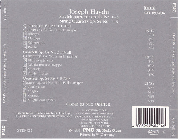 Joseph Haydn, Caspar da Salo Quartet : String Quartets Op. 64 Nos. 1-3 (CD, Album)