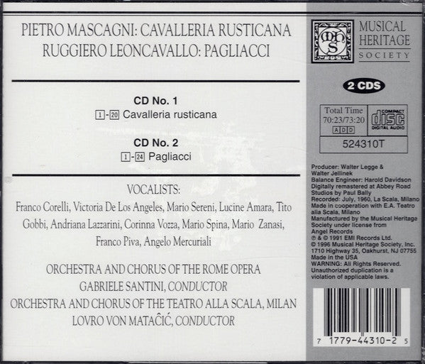 Pietro Mascagni, Ruggiero Leoncavallo, Franco Corelli : Mascagni: Cavalleria Rusticana; Leoncavallo: Pagliacci (2xCD, Album)