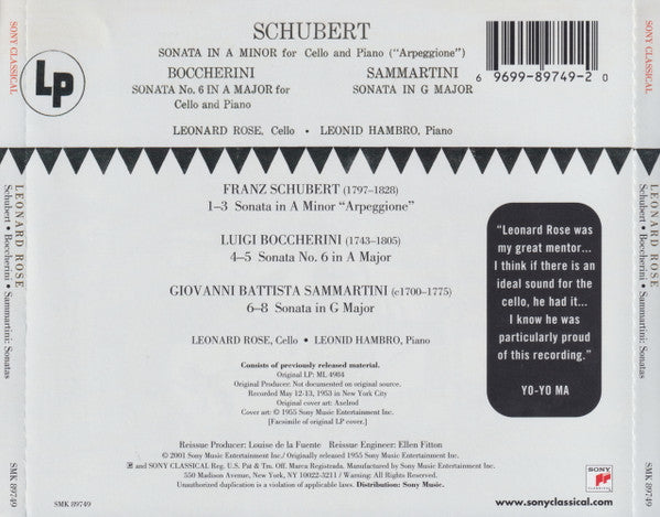 Leonard Rose, Leonid Hambro, Franz Schubert / Luigi Boccherini / Giovanni Sammartini : Sonatas (CD, RE, RM)