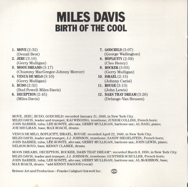 Miles Davis : Birth Of The Cool (CD, Album, Comp, Club, RE, JVC)
