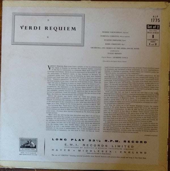 Giuseppe Verdi - Boris Christoff, Eugenio Fernandi, Fiorenza Cossotto, Shakeh Vartenissian - Orchestra Del Teatro Dell'Opera Di Roma And Coro Del Teatro Dell'Opera Di Roma, Tullio Serafin : Requiem Mass (2xLP, Album)