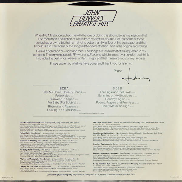 John Denver : John Denver's Greatest Hits (LP, Comp, RE, Ind)