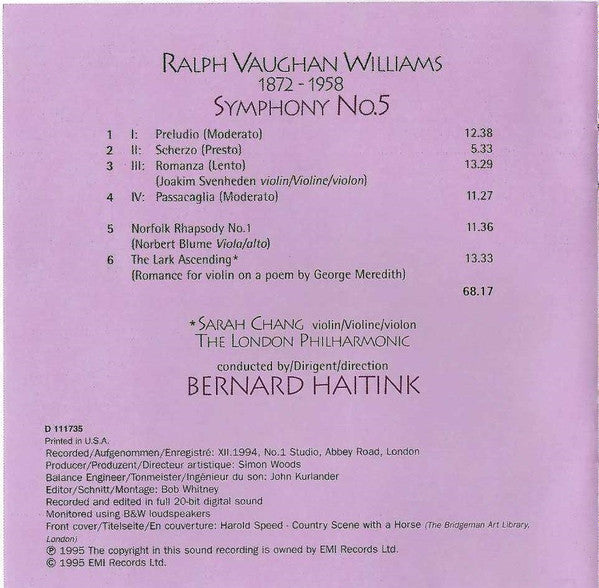Ralph Vaughan Williams – Sarah Chang, London Philharmonic Orchestra, Bernard Haitink : Symphony No. 5 • Norfolk Rhapsody No.1 • The Lark Ascending (CD, Album, Club)