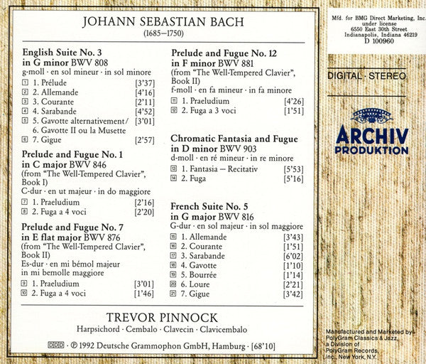 Johann Sebastian Bach - Trevor Pinnock : Chromatic Fantasia & Fugue; 3 Preludes & Fugues; English Suite No. 3; French Suite No. 5 (CD, Club)