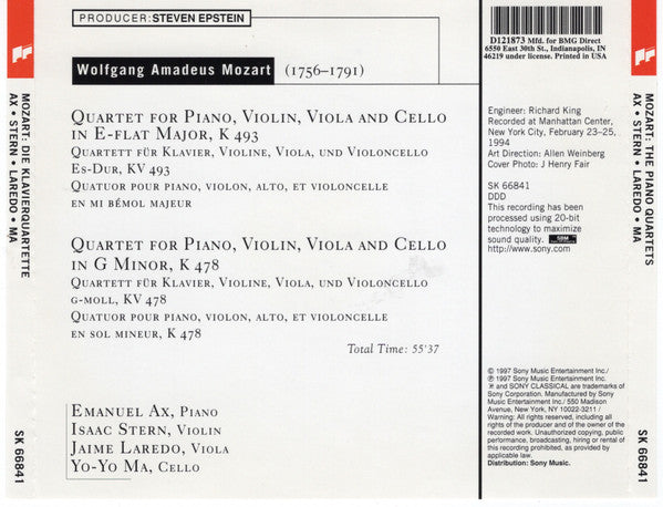 Wolfgang Amadeus Mozart, Emanuel Ax, Isaac Stern, Jaime Laredo, Yo-Yo Ma : The Piano Quartets (CD, Club, SBM)