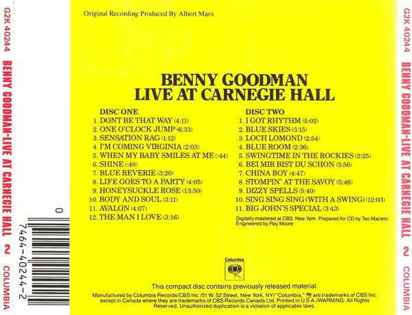 Benny Goodman : Live At Carnegie Hall (2xCD, Album, Mono, RE, RM, RP)
