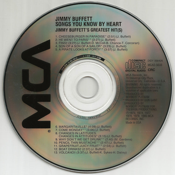 Jimmy Buffett : Songs You Know By Heart (Jimmy Buffett's Greatest Hit(s)) (CD, Comp, Club, RP)