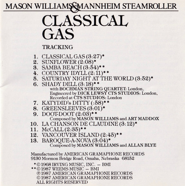 Mason Williams & Mannheim Steamroller : Classical Gas (CD, Album)