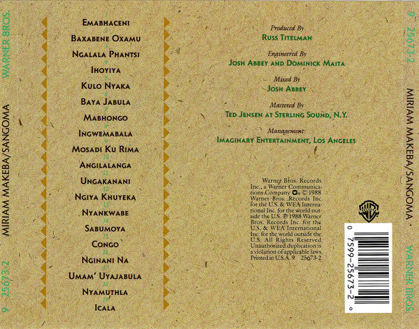 Miriam Makeba : Sangoma (CD, Album, RE)