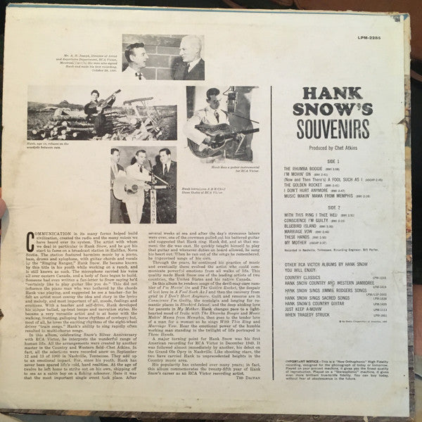 Hank Snow : Hank Snow's Souvenirs (LP, Album, Mono)