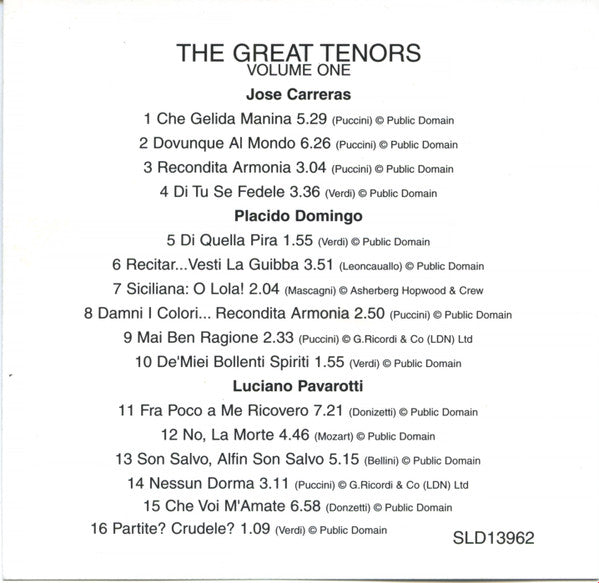 José Carreras & Luciano Pavarotti & Placido Domingo : The Great Tenors - Volume One (CD, Comp, RM)