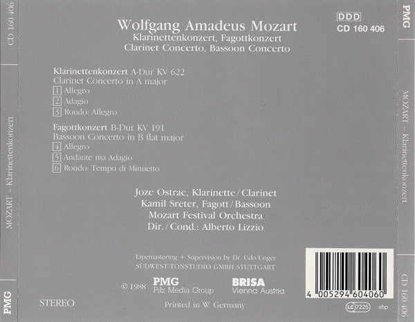 Wolfgang Amadeus Mozart - Joze Ostranc, Kamil Sreter, Mozart Festival Orchestra (2), Alberto Lizzio : Klarinettenkonzert A-Dur = Clarinet Concerto In A-Major KV 622, Fagottkonzert B-Dur = Bassoon Concerto In B Flat Major KV 191 (CD, Album)