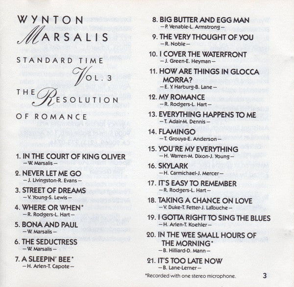 Wynton Marsalis : Standard Time Vol. 3 (The Resolution Of Romance) (CD, Album, Pit)
