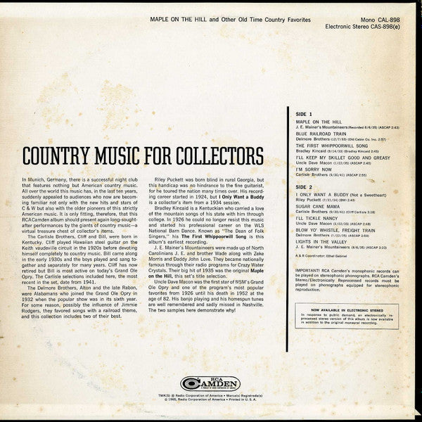 Various : Maple On The Hill (And Other Old Time Country Favorites) (LP, Comp, Mono, Lab)