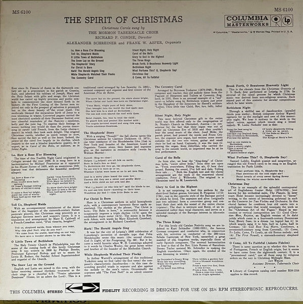 Mormon Tabernacle Choir - The Spirit Of Christmas (LP) (VG) - Endless Media