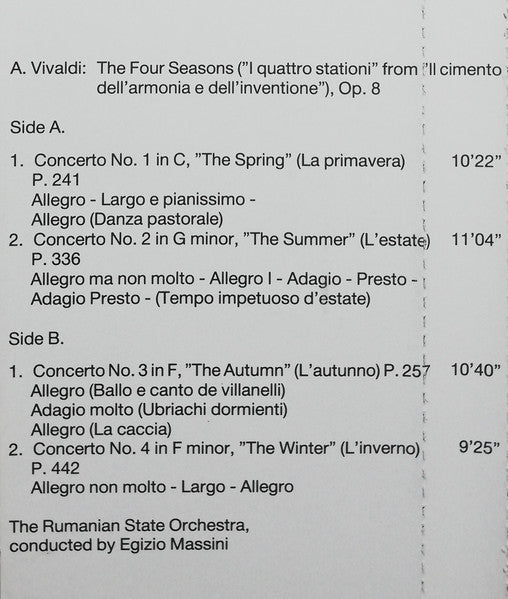 Antonio Vivaldi / Orchestra Teatrului De Operă Și Balet Al R.P.R. Conducted By Egizio Massini : The Four Seasons (Cass, Album)