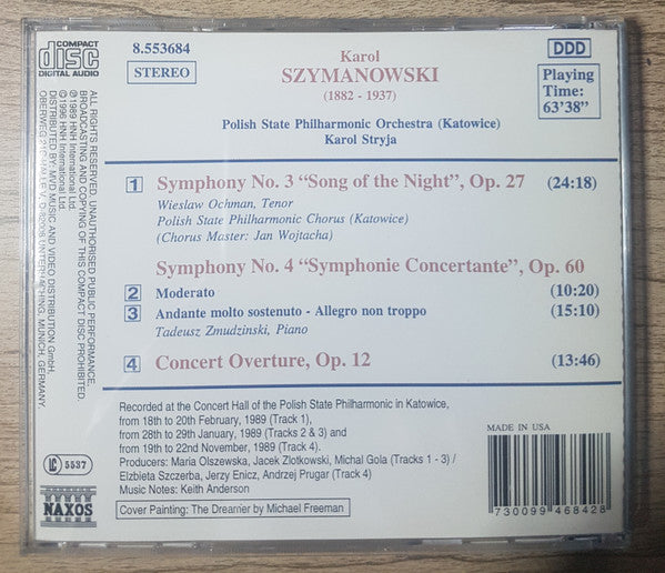 Karol Szymanowski / Chór Filharmonii Śląskiej, Orkiestra Symfoniczna Filharmonii Śląskiej, Karol Stryja : Symphony No. 3 "Song Of The Night" / Symphony No. 4 "Symphony Concertante" / Concert Overture (CD, Album)