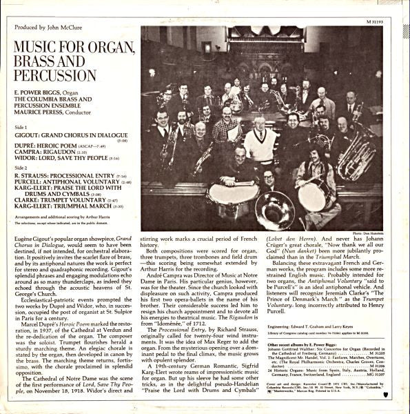 E. Power Biggs, The Columbia Brass And Percussion Ensemble, Maurice Peress - Music For Organ, Brass And Percussion (LP) (VG) - Endless Media