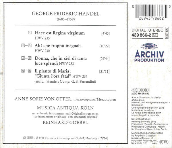Georg Friedrich Händel – Anne Sofie Von Otter, Musica Antiqua Köln, Reinhard Goebel : Marian Cantatas & Arias (CD, Album)