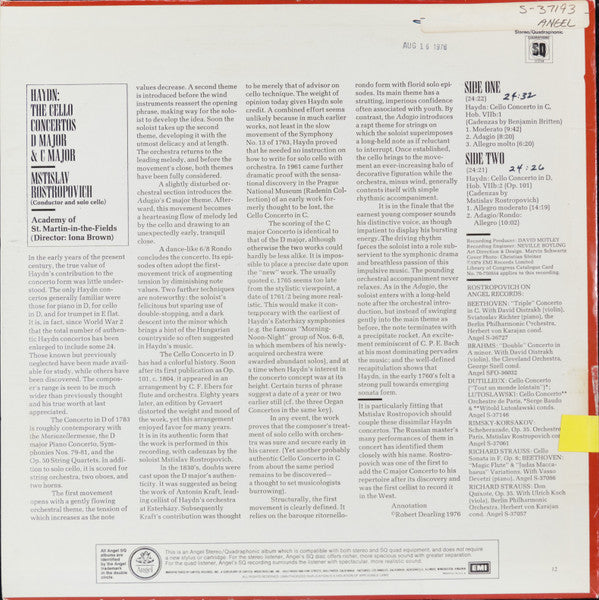 Joseph Haydn - Mstislav Rostropovich, The Academy Of St. Martin-in-the-Fields Directed By Iona Brown : The Cello Concertos D Major & C Major (LP, Quad)