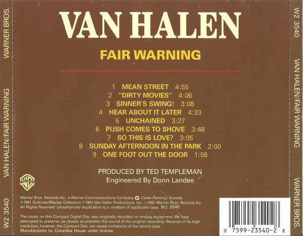 Van Halen : Fair Warning (CD, Album, Club, RE)