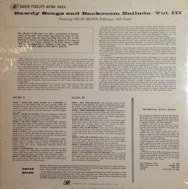 Oscar Brand - Bawdy Songs And Backroom Ballads Vol. 3 (LP) (VG+) - Endless Media