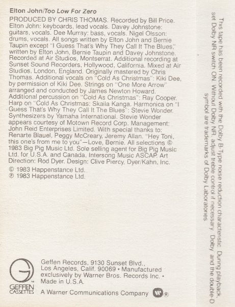Elton John : Too Low For Zero (Cass, Album)