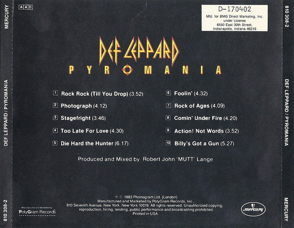 Def Leppard : Pyromania (CD, Album, Club, RE, BMG)