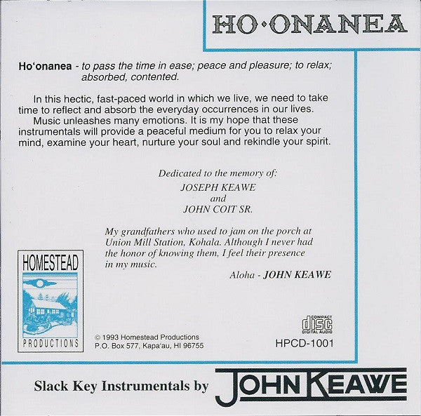 John Keawe : Ho'onanea (CD, Album)