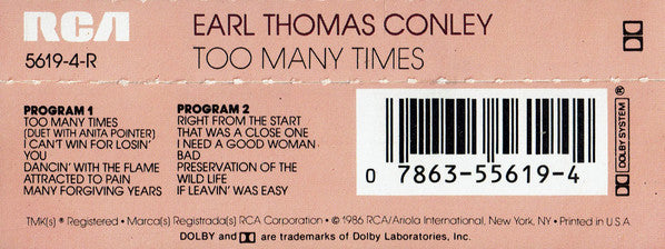 Earl Thomas Conley : Etc. Too Many Times (Cass, Album)