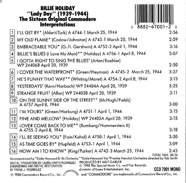 Billie Holiday : "Lady Day" (1939-1944) The Sixteen Original Commodore Interpretations (CD, Comp, Mono)