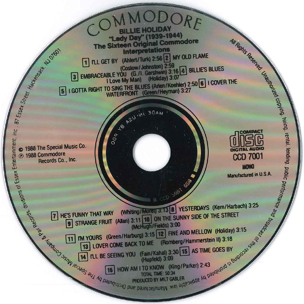 Billie Holiday : "Lady Day" (1939-1944) The Sixteen Original Commodore Interpretations (CD, Comp, Mono)