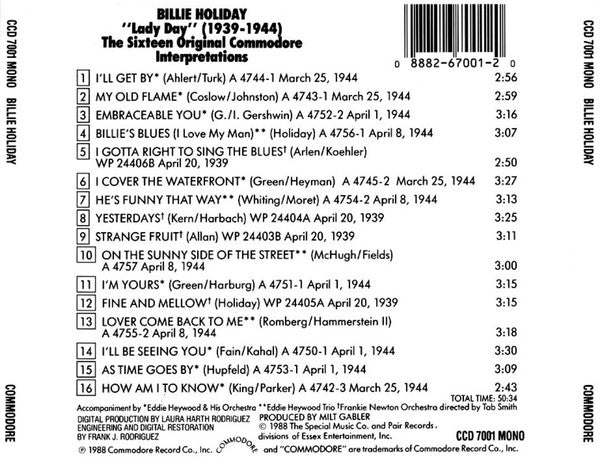 Billie Holiday : "Lady Day" (1939-1944) The Sixteen Original Commodore Interpretations (CD, Comp, Mono)