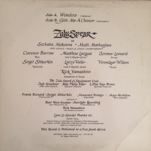 Zulu Spear : Wonders / Give Me A Chance (12", Single)