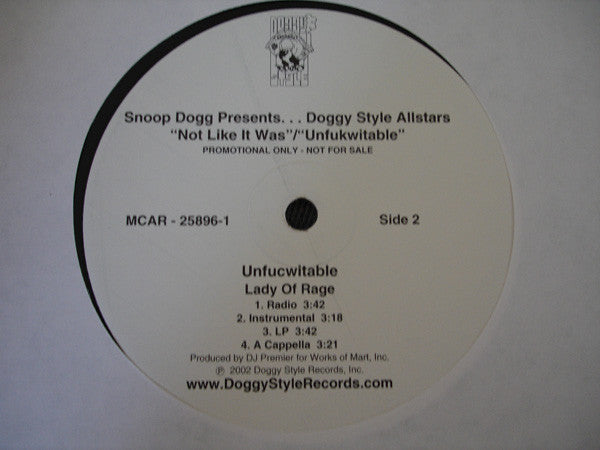 Snoop Dogg Presents... Doggy Style Allstars - Not Like It Was / Unfucwitable (12") (VG+) - Endless Media