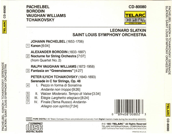 Johann Pachelbel, Pyotr Ilyich Tchaikovsky, Ralph Vaughan Williams, Alexander Borodin, Leonard Slatkin, Saint Louis Symphony Orchestra : Kanon • Serenade • Fantasia On "Greensleeves" • Nocturne (CD, Album, RE)